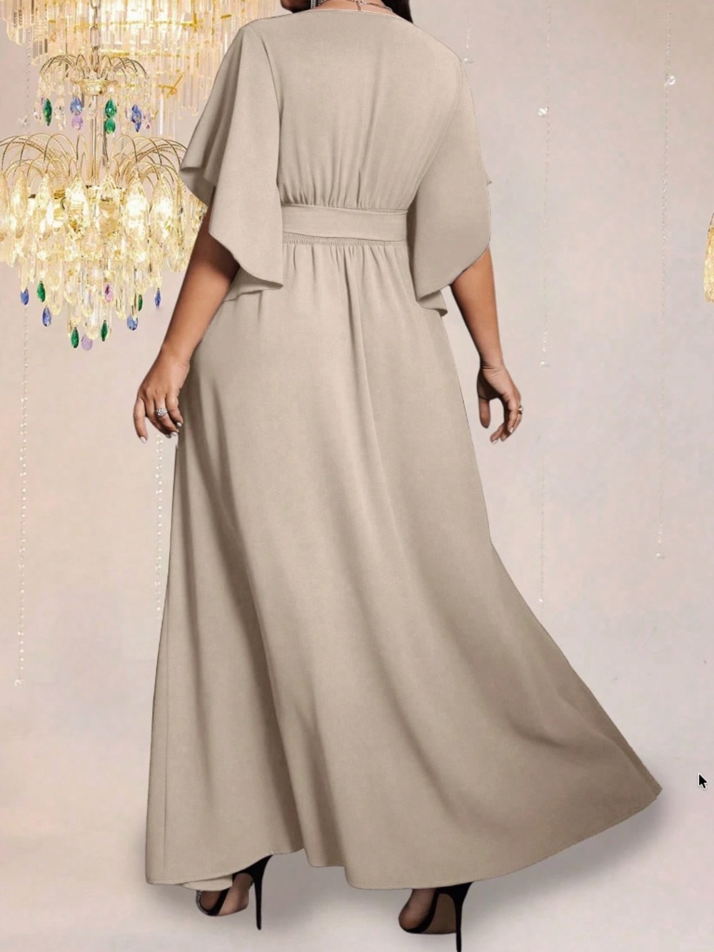  Plus Solid V neck Flounce Sleeve Belted Split Thigh Party Evening Dress - Picture 11 of 15